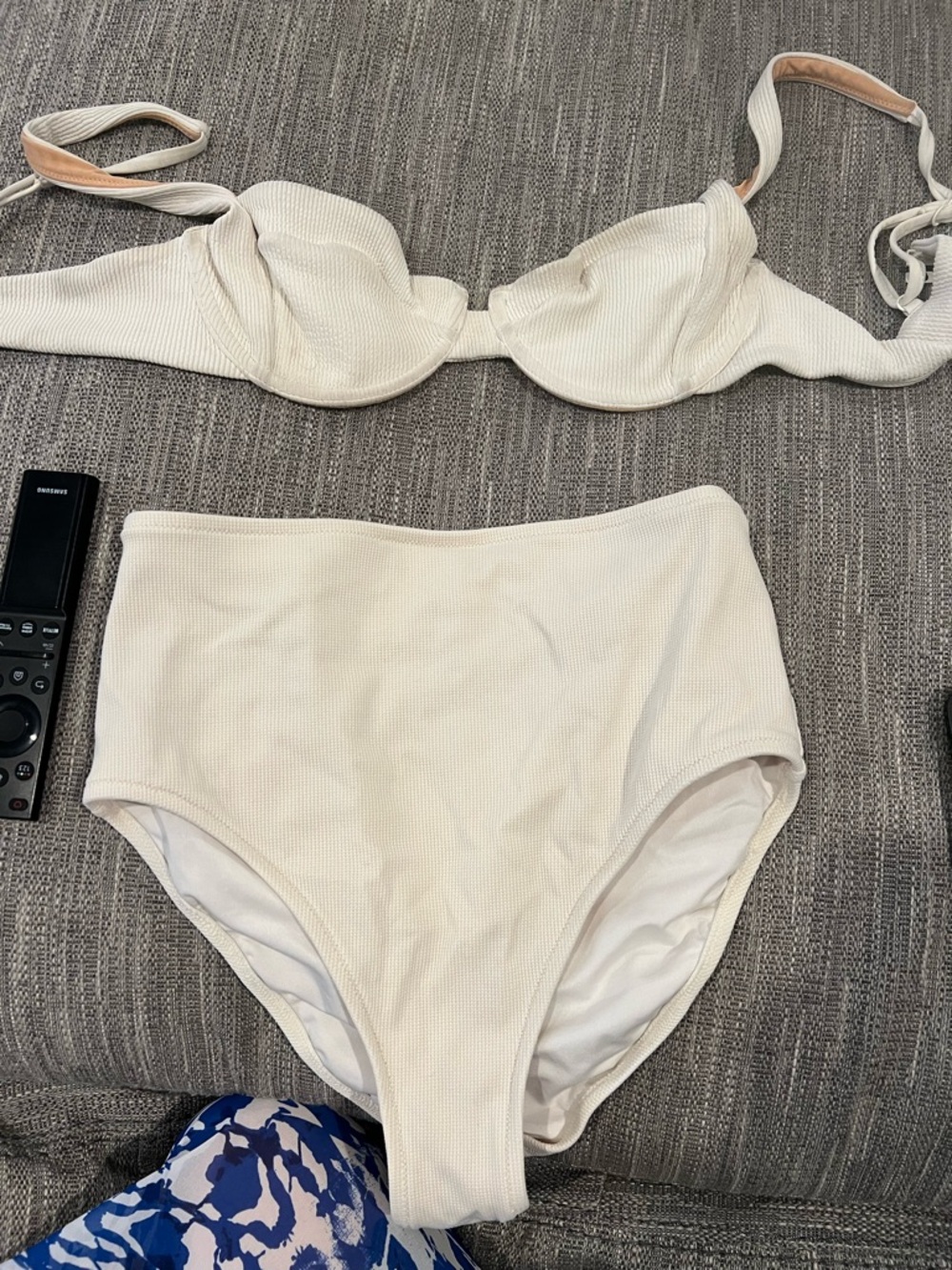 High-Waist Cream Ribbed Bikini Set with Underwire Top